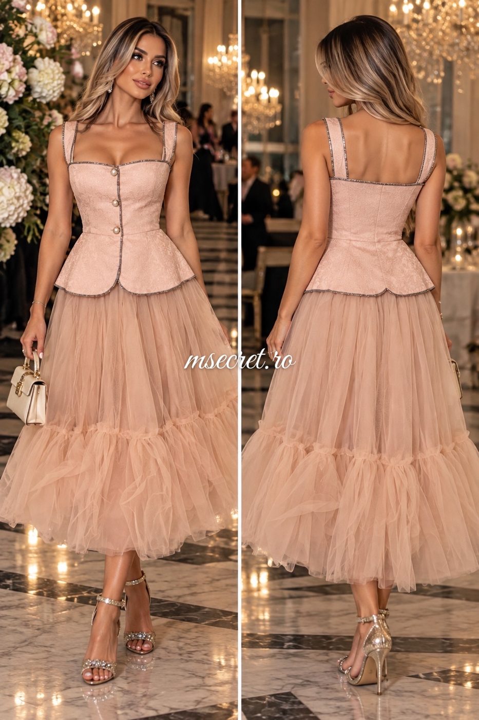 Compleu roz din doua piese, corset si fusta din tul - colaj