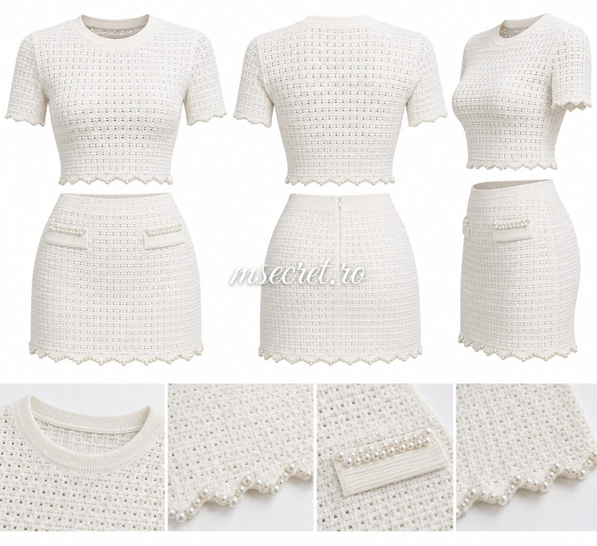 Compleu din tricot crem cu perlute, top si fusta scurta - colaj
