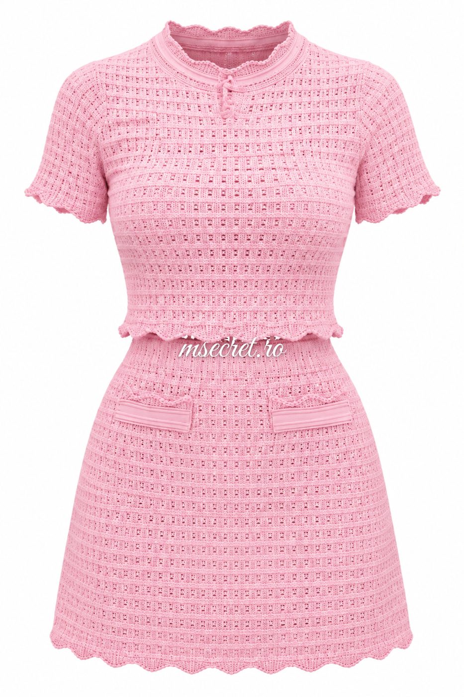 Compleu din tricot roz cu top si fusta scurta - vedere din fata