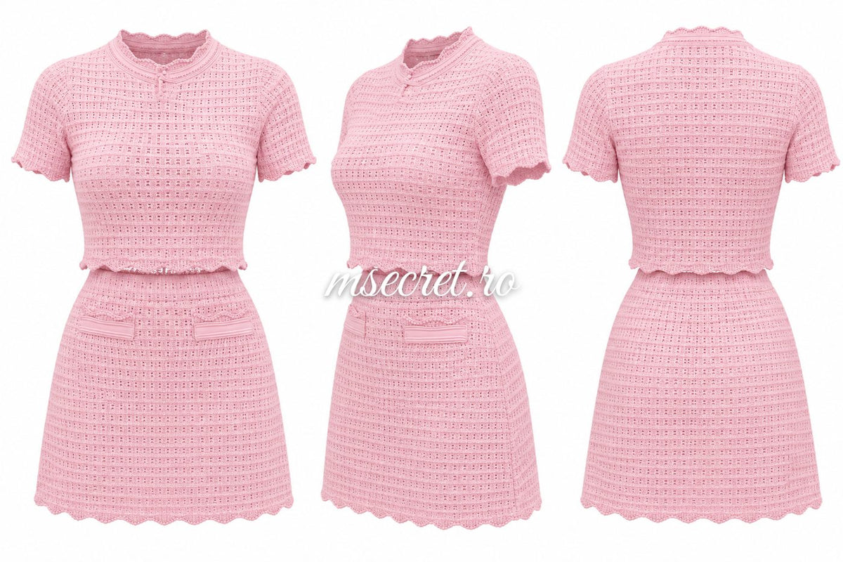 Compleu din tricot roz cu top si fusta scurta - colaj