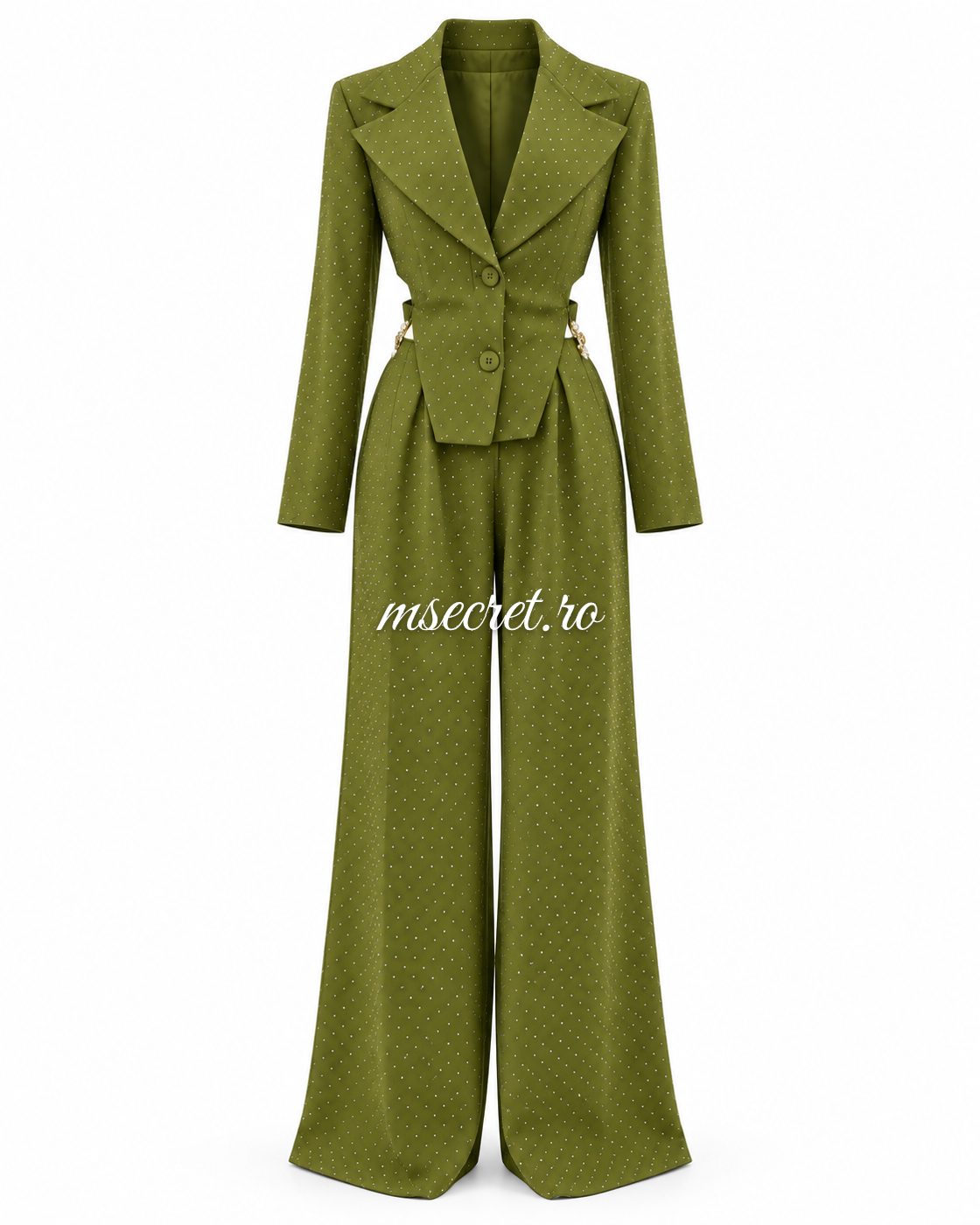 Compleu verde cu sacou cambrat si pantaloni lungi - vedere din fata