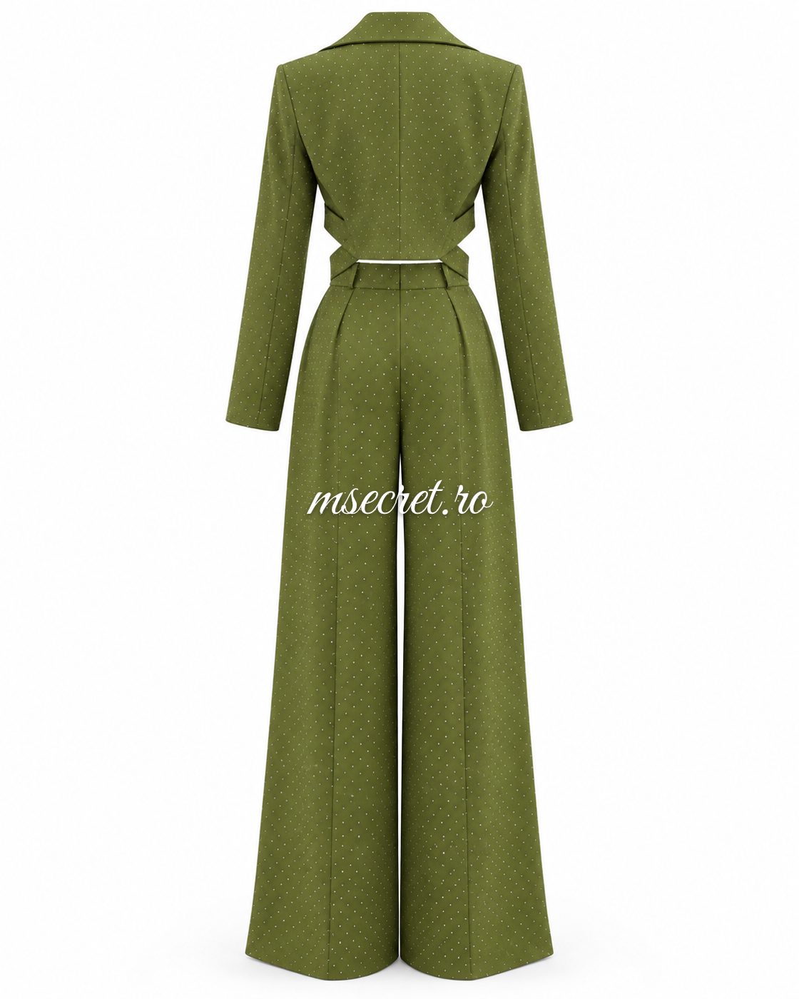 Compleu verde cu sacou cambrat si pantaloni lungi - vedere din spate
