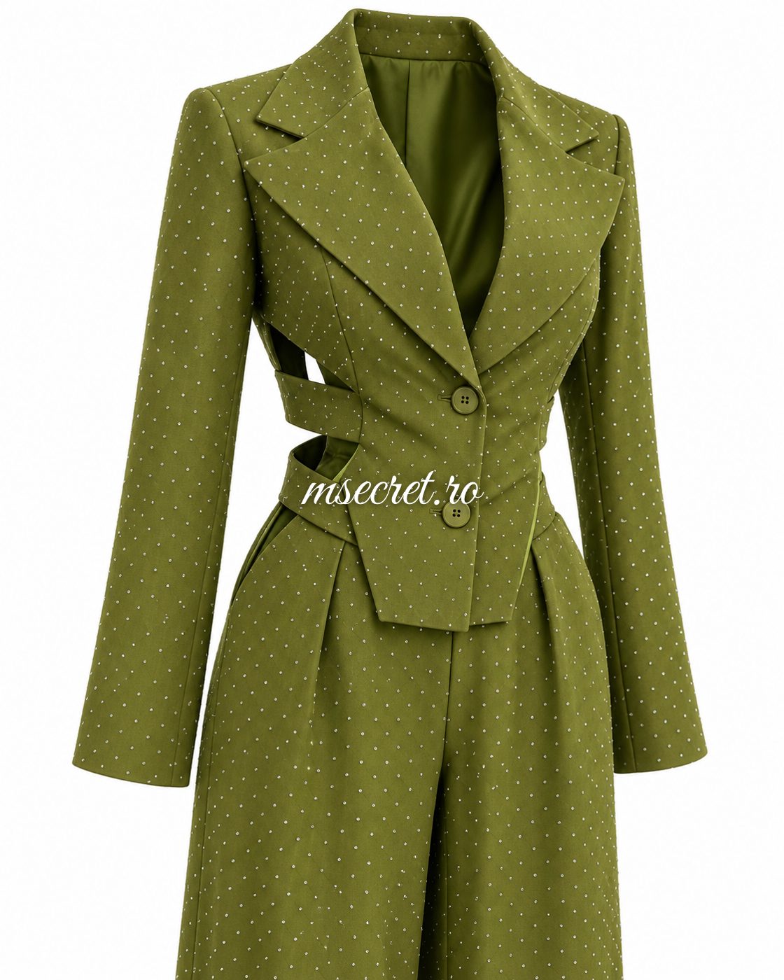 Compleu verde cu sacou cambrat si pantaloni lungi - detaliu