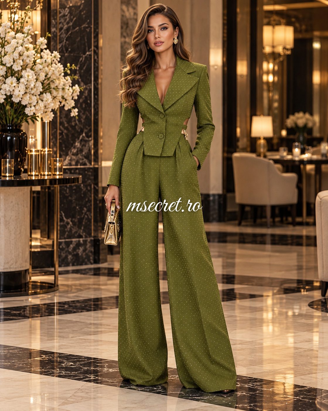 Compleu verde cu sacou cambrat si pantaloni lungi - pe model 3