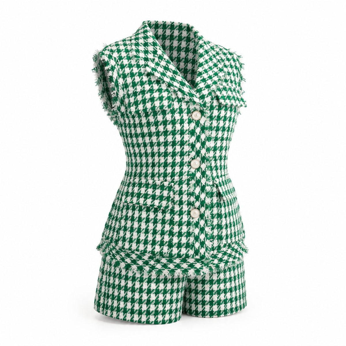 Compleu verde din tweed cu vesta si pantaloni scurti