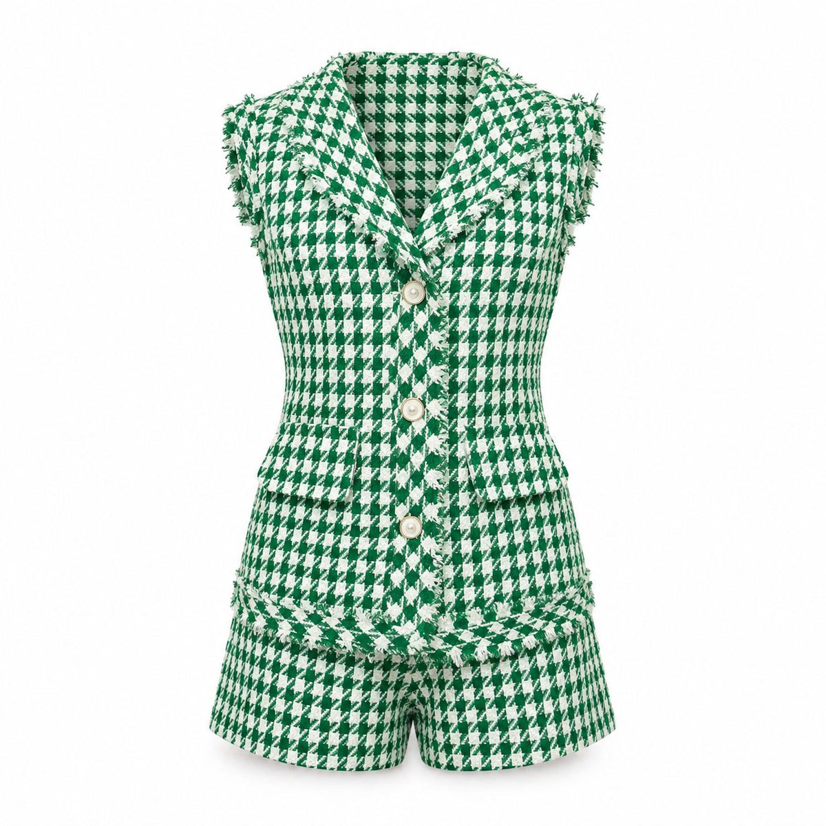 Compleu verde din tweed cu vesta si pantaloni scurti