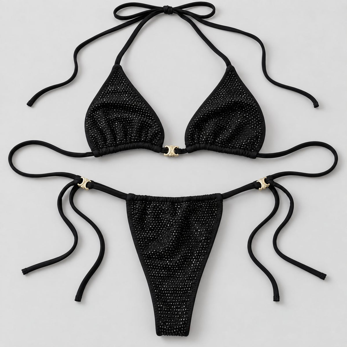 Costum de baie negru din doua piese cu strasuri