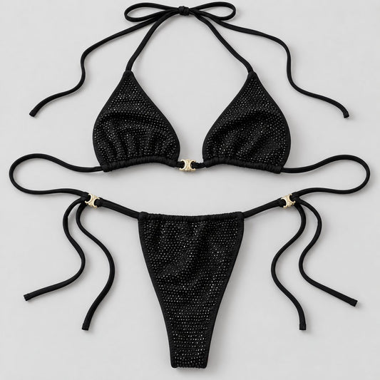 Costum de baie negru din doua piese cu strasuri