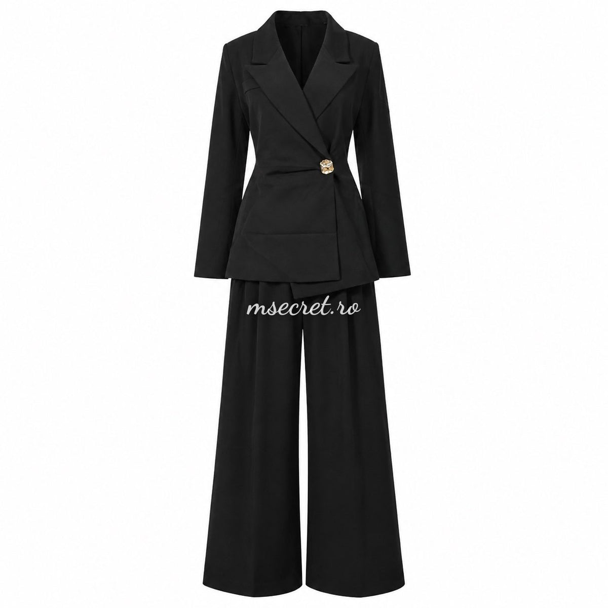 Costum negru cu sacou asimetric si pantaloni largi