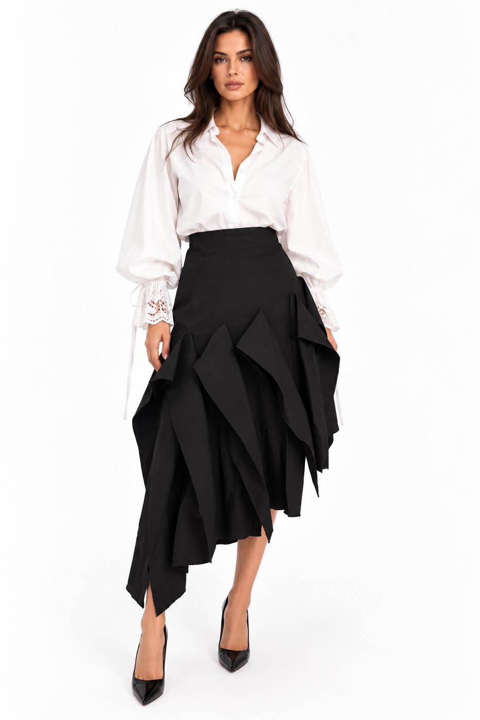 Fusta midi neagra asimetrica cu drapaje