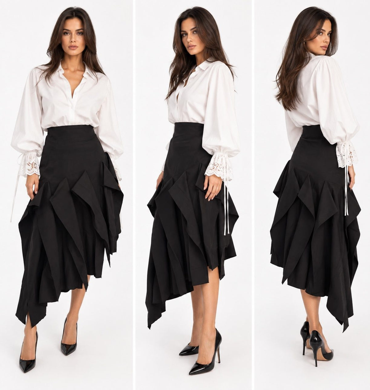 Fusta midi neagra asimetrica cu drapaje