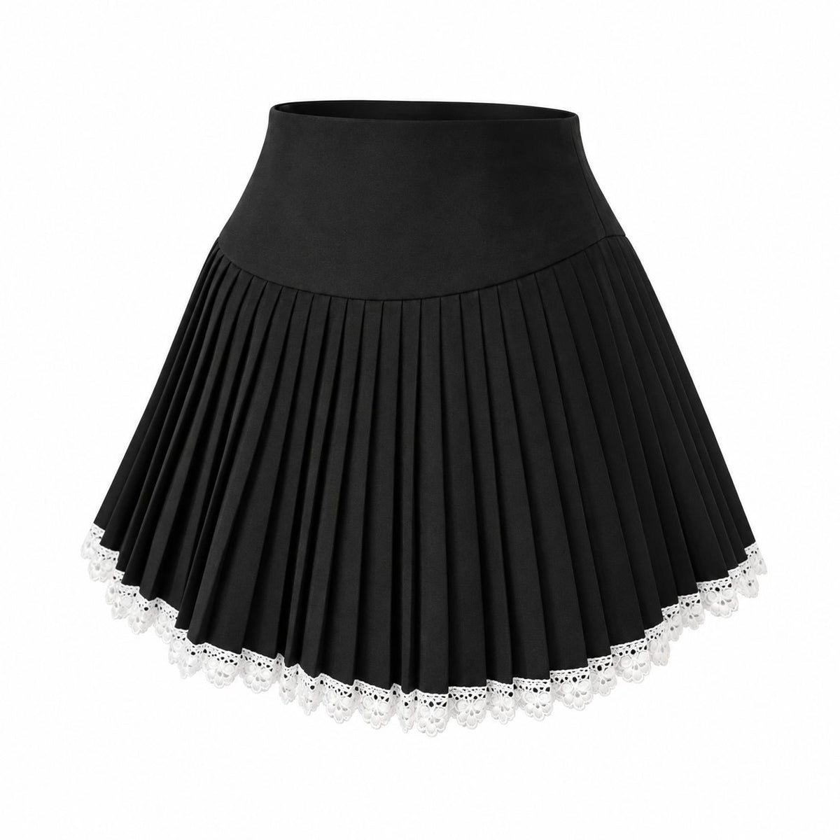Fusta mini neagra din lana, plisata, cu dantela pe tiv