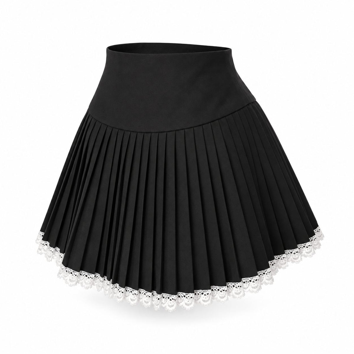 Fusta mini neagra din lana, plisata, cu dantela pe tiv