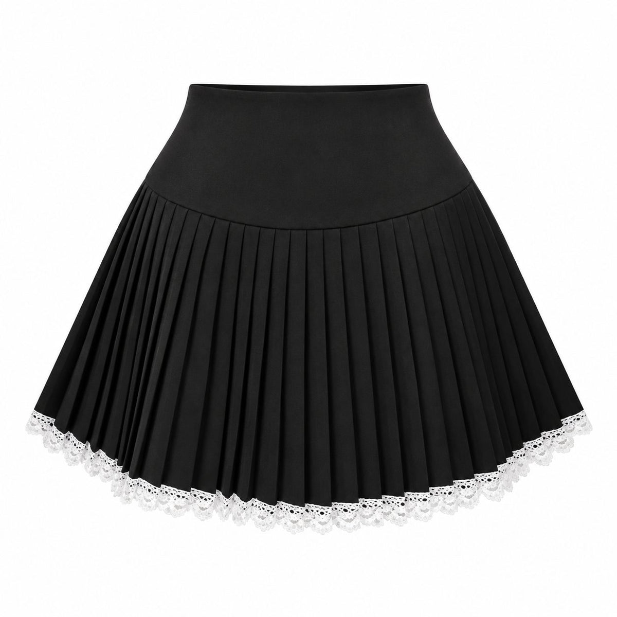Fusta mini neagra din lana, plisata, cu dantela pe tiv