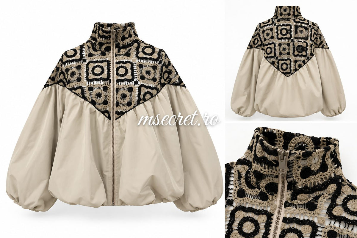 Geaca bomber bej cu croseta neagra si maneci bufante