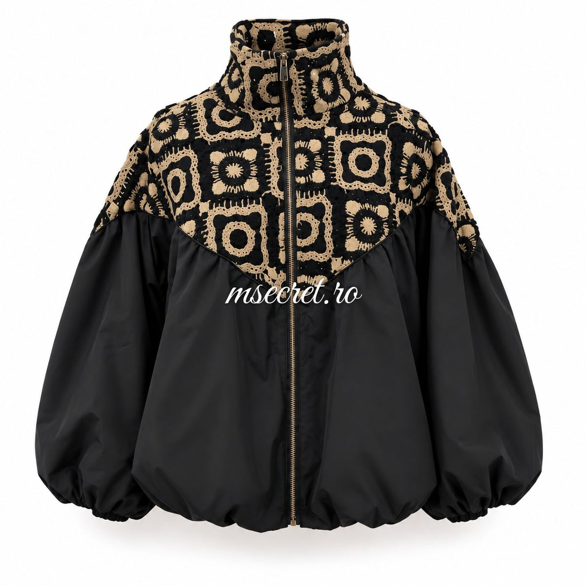 Geaca bomber neagra cu croseta bej si maneci bufante