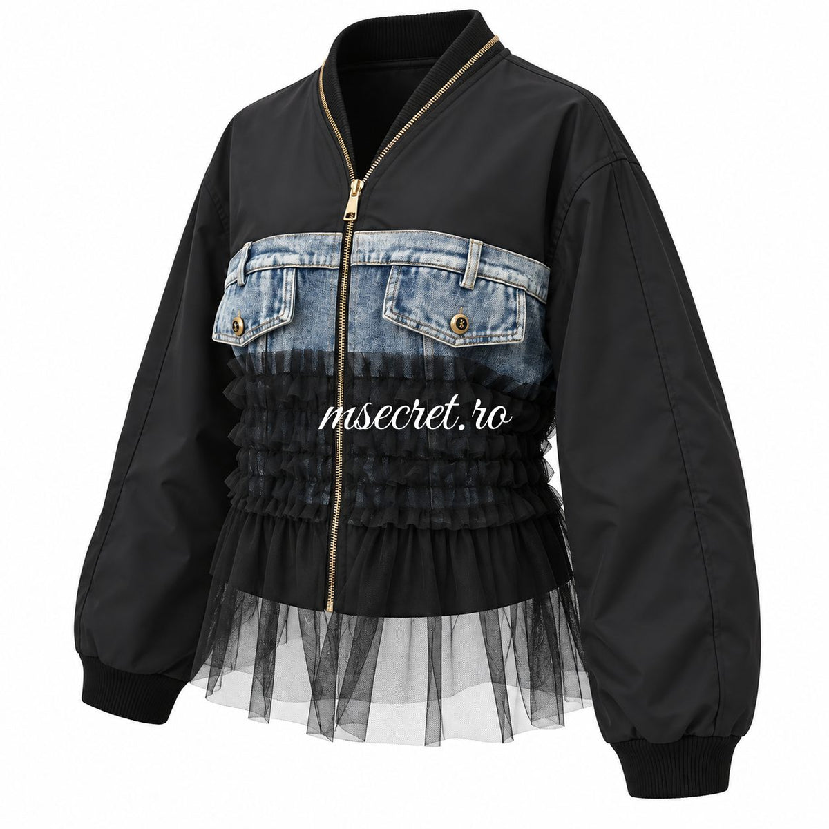 Geaca bomber neagra cu denim si volane din tul - vedere din lateral