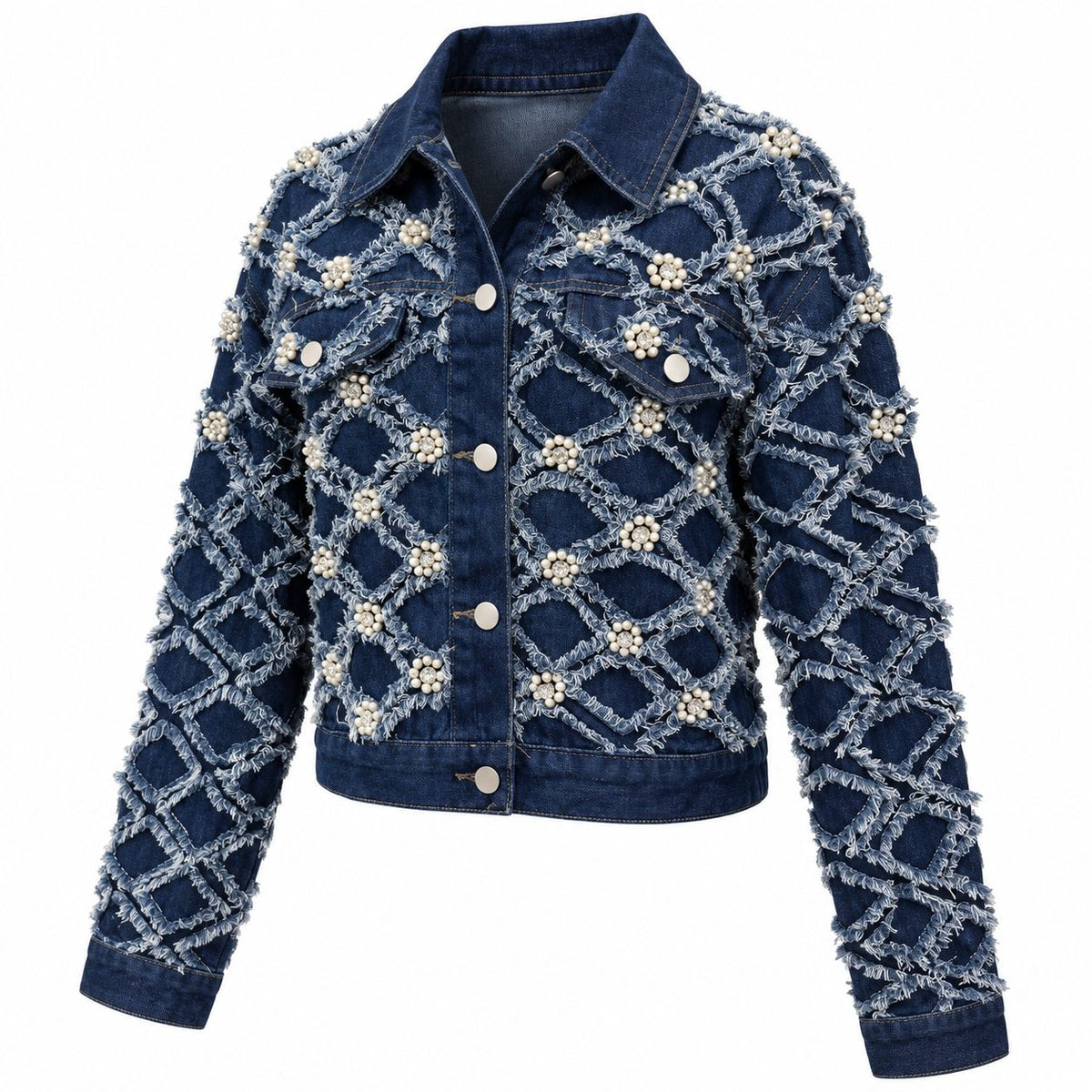 Geaca din denim bleumarin cu perle si aplicatii florale