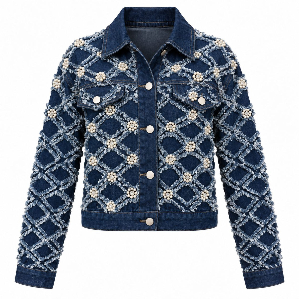 Geaca din denim bleumarin cu perle si aplicatii florale