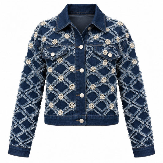 Geaca din denim bleumarin cu perle si aplicatii florale