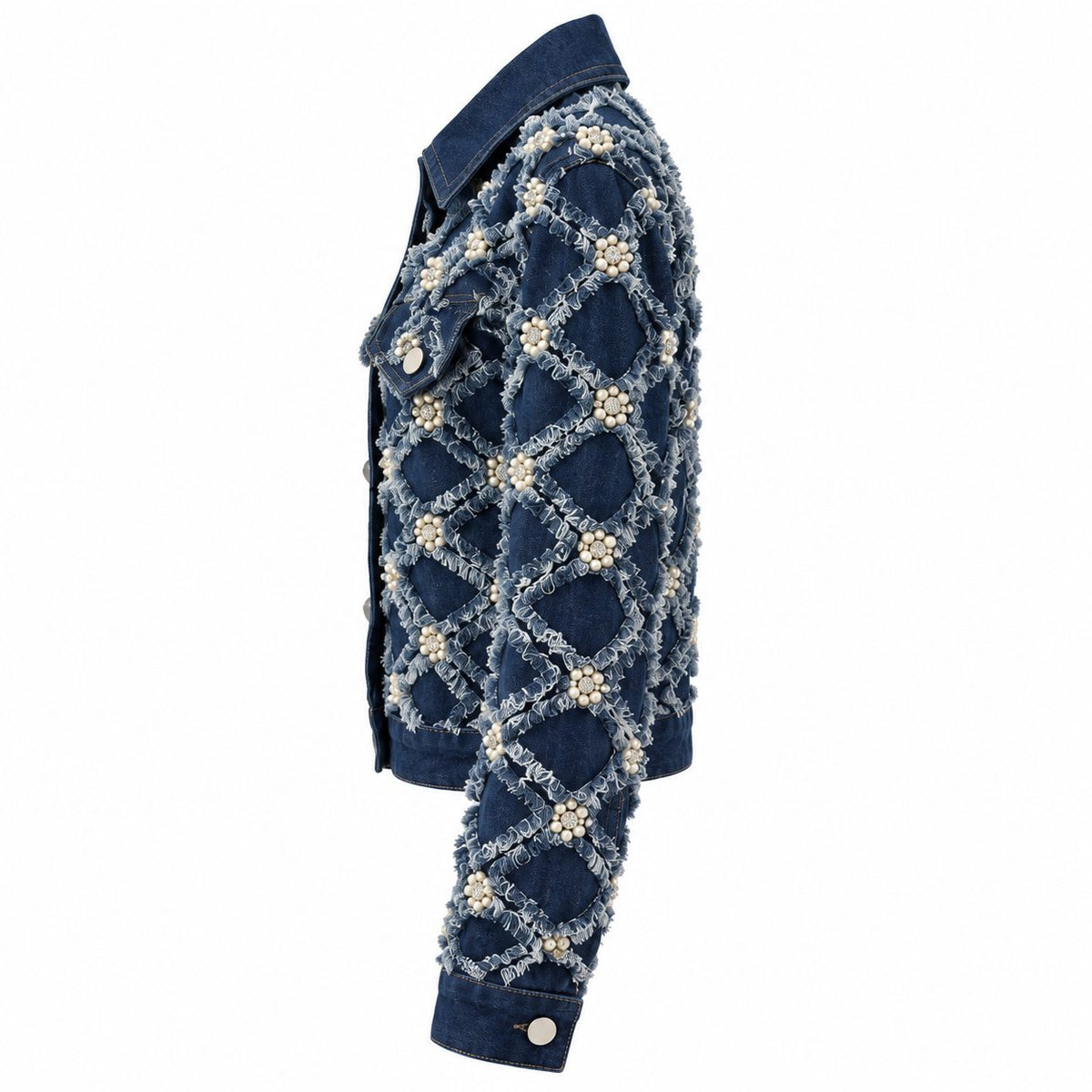Geaca din denim bleumarin cu perle si aplicatii florale