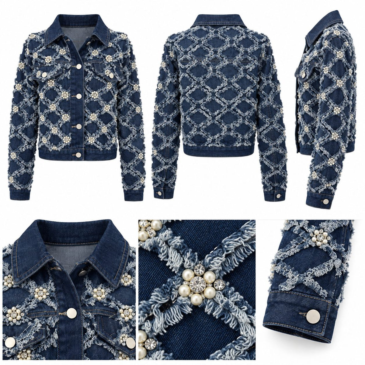 Geaca din denim bleumarin cu perle si aplicatii florale