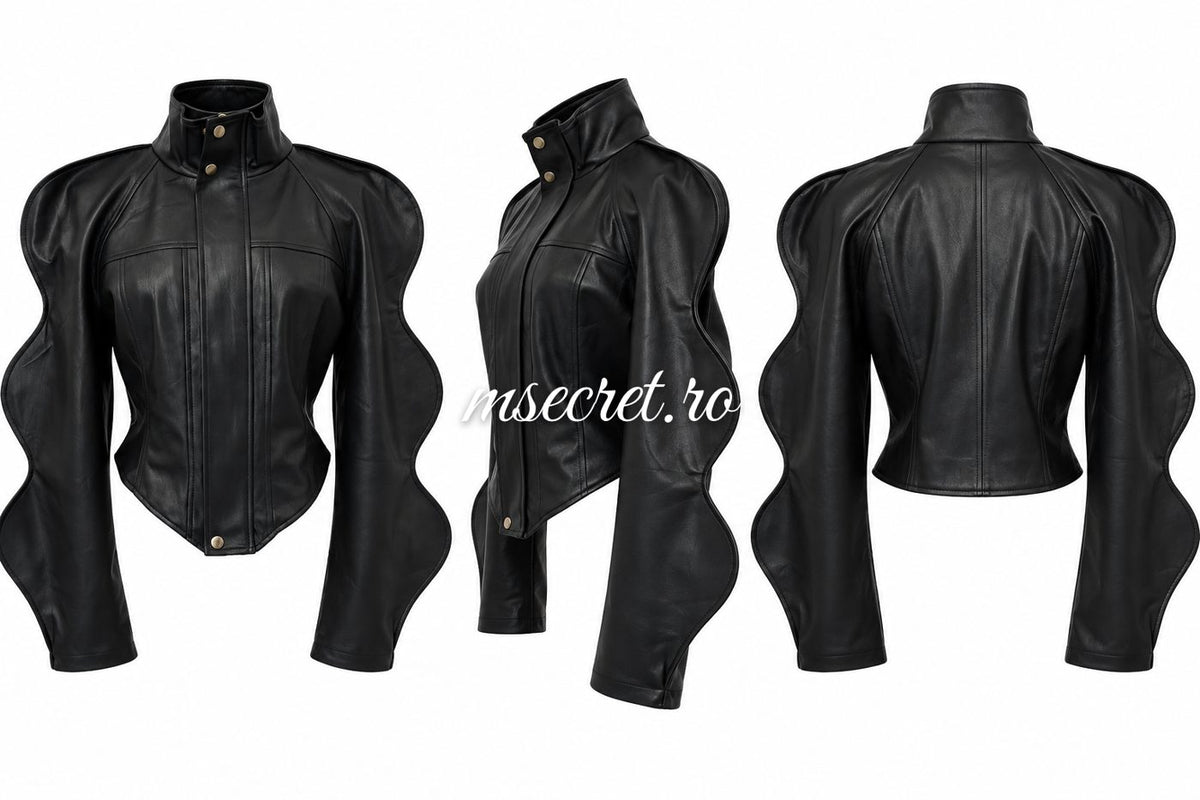 Geaca din piele eco neagra cu maneci bufante - detaliu