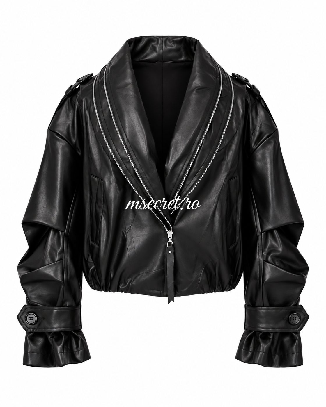 Geaca oversize din piele ecologica neagra cu captuseala - vedere din fata