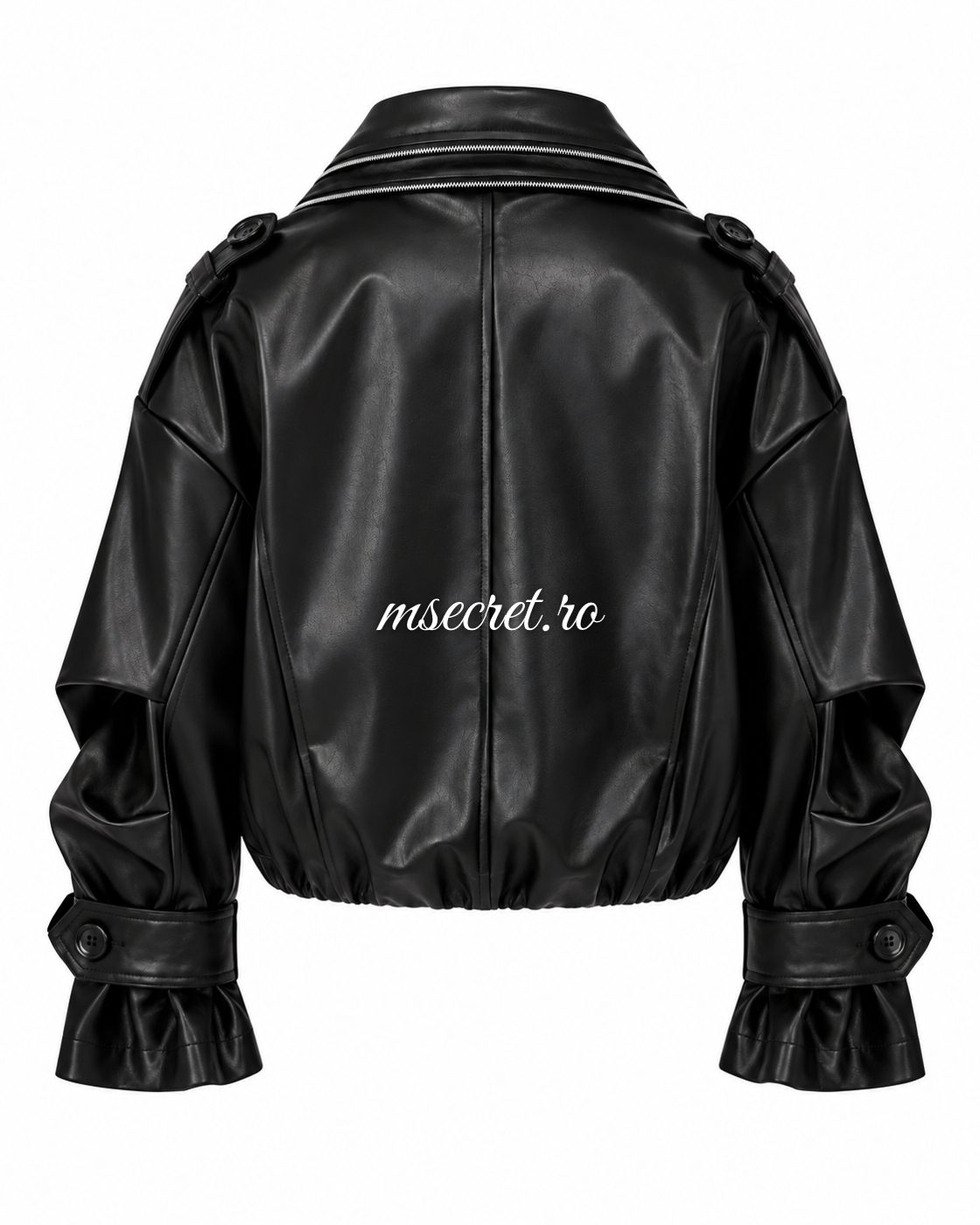 Geaca oversize din piele ecologica neagra cu captuseala - vedere din spate