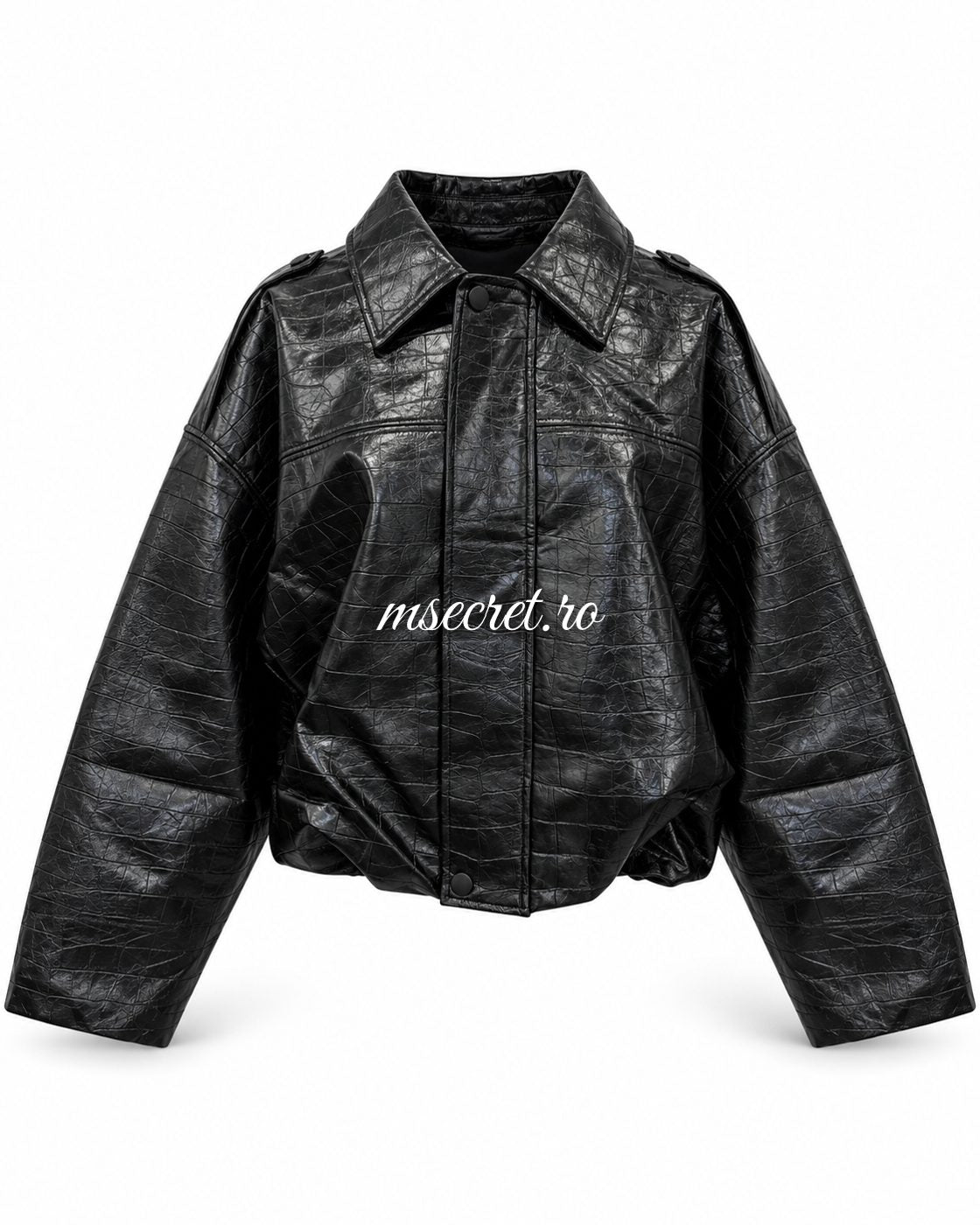 Geaca oversized din piele neagra cu model croco - vedere din fata