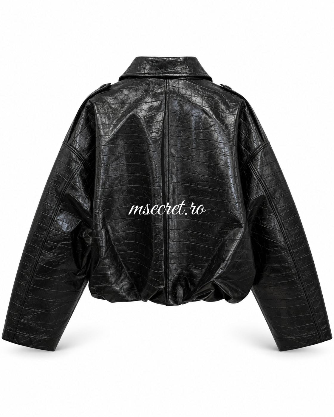 Geaca oversized din piele neagra cu model croco - vedere din spate