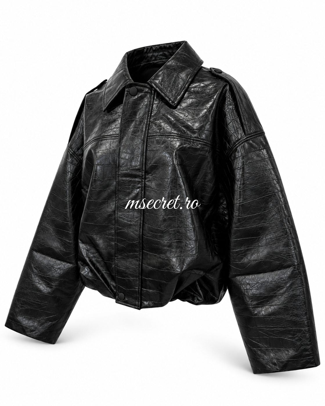 Geaca oversized din piele neagra cu model croco - vedere din lateral