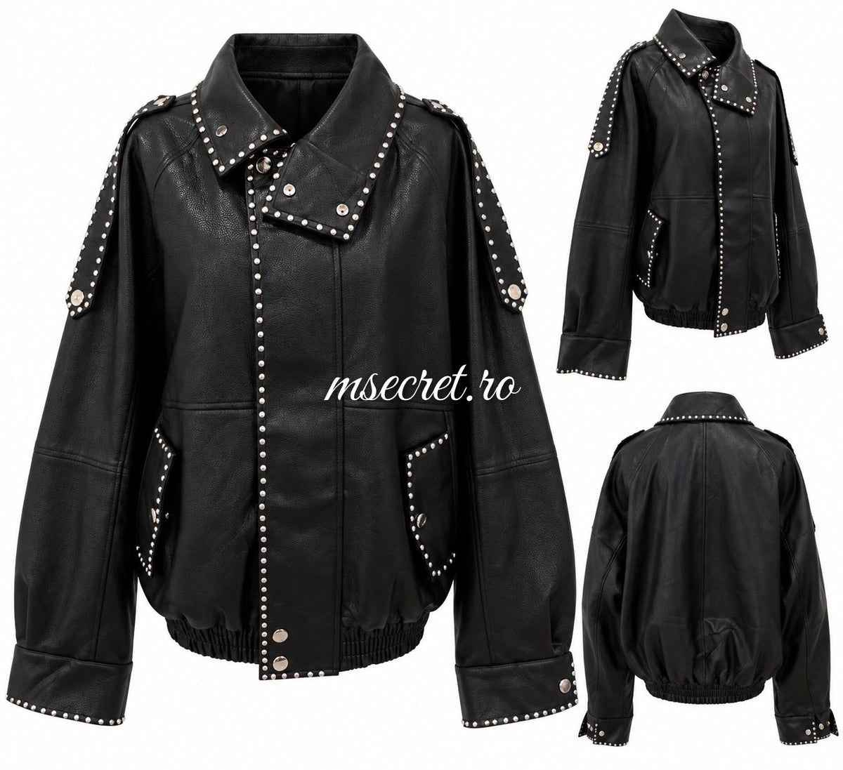 Geaca oversize din piele eco cu perle argintii