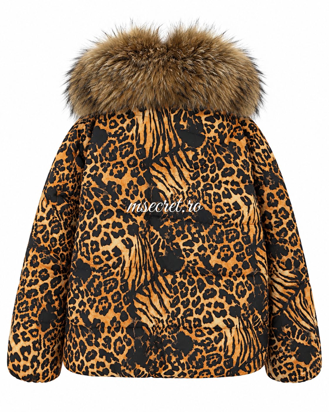 Geaca cu puf animal print cu guler din blana naturala de vulpe - vedere din fata