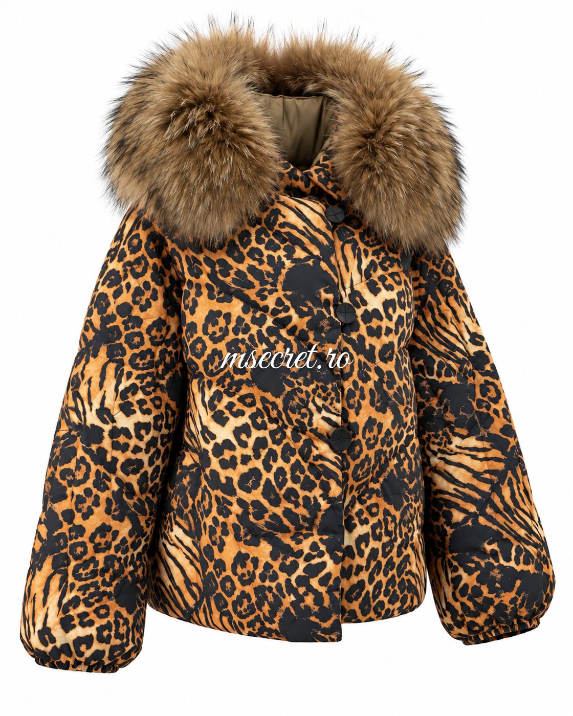 Geaca cu puf animal print cu guler din blana naturala de vulpe - vedere din lateral