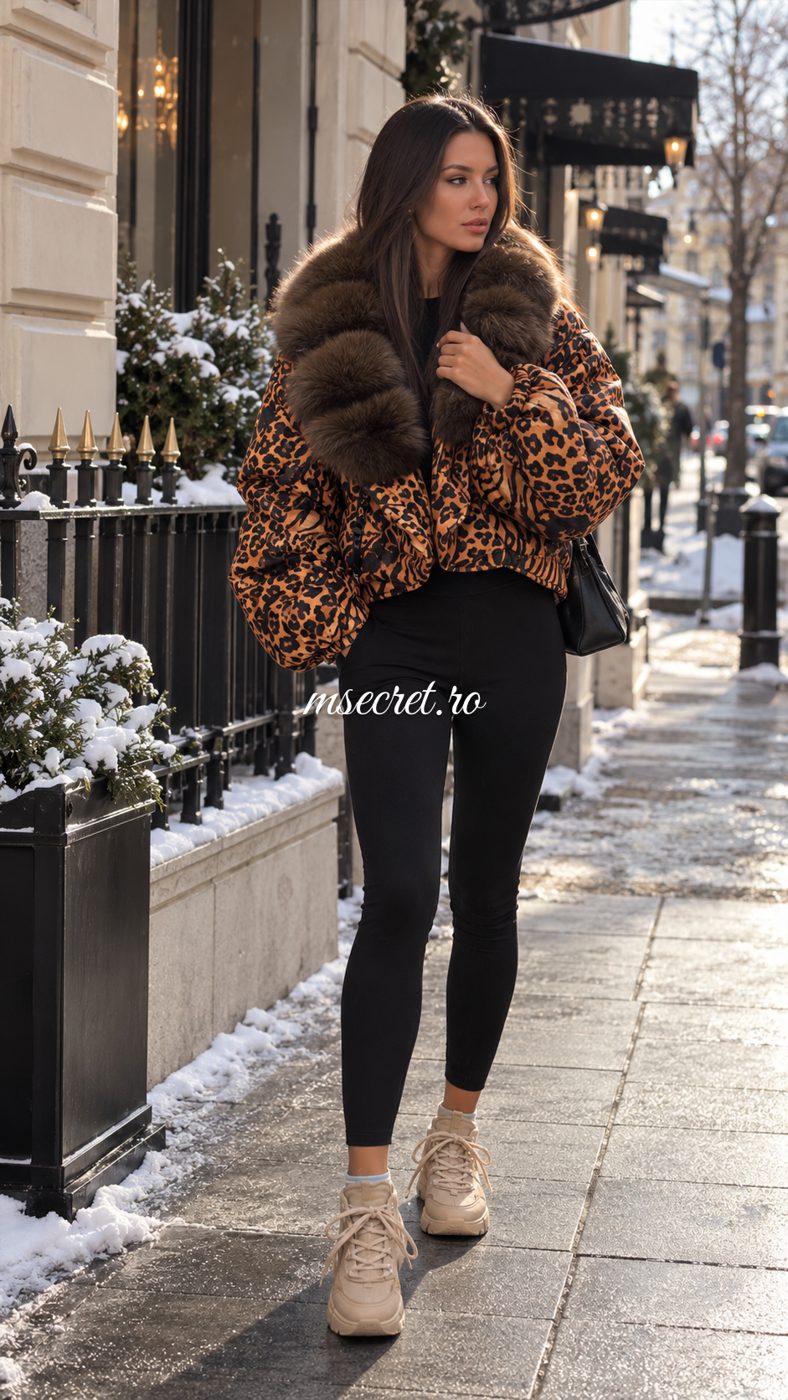 Geaca puffer cu imprimeu animal print si guler din blana - pe model