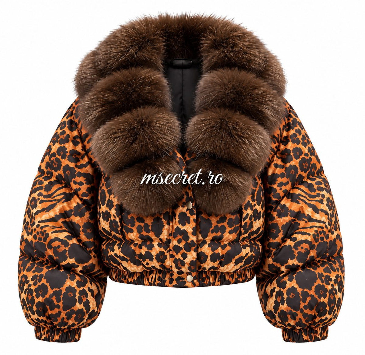 Geaca puffer cu imprimeu animal print si guler din blana - vedere din fata
