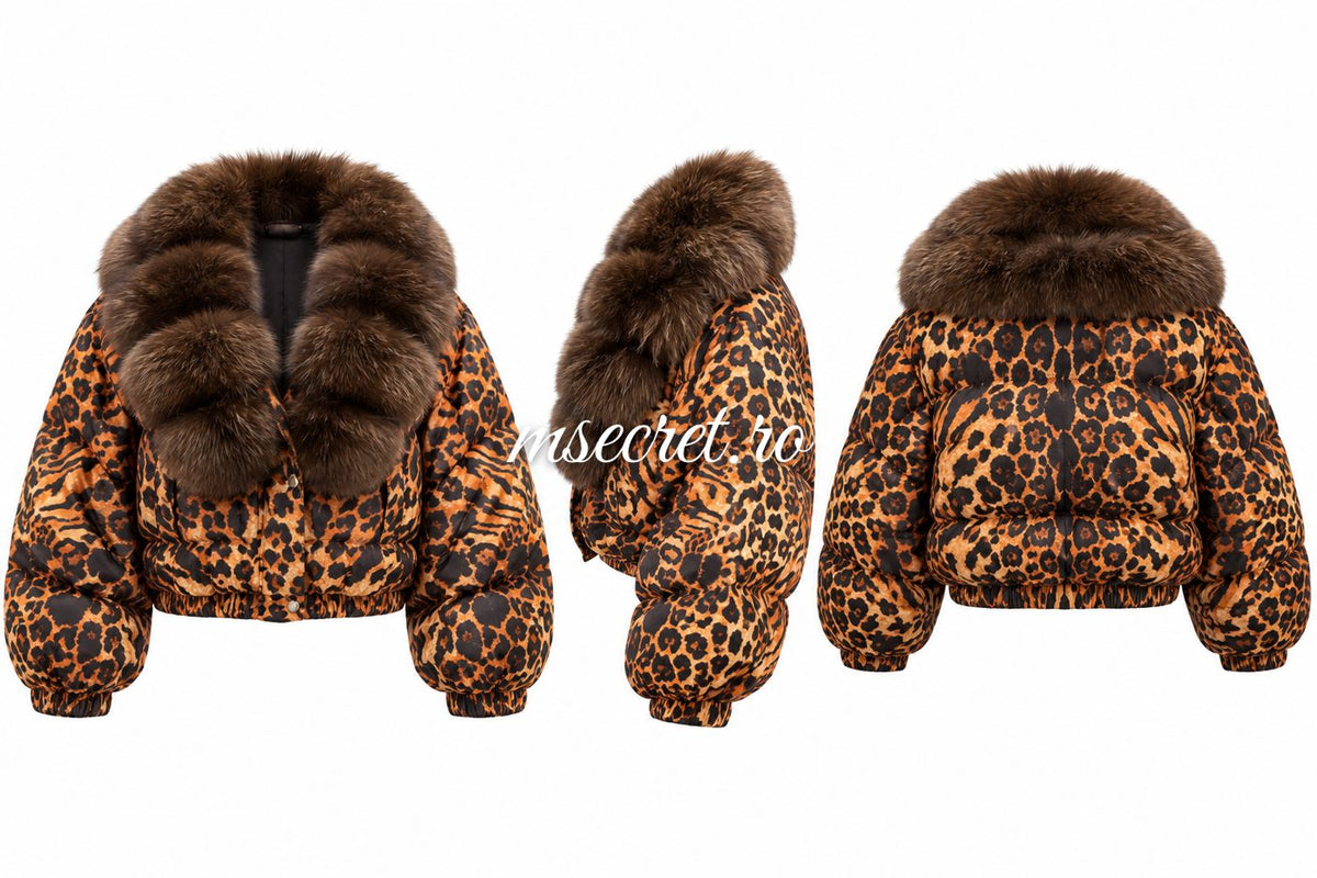 Geaca puffer cu imprimeu animal print si guler din blana - colaj