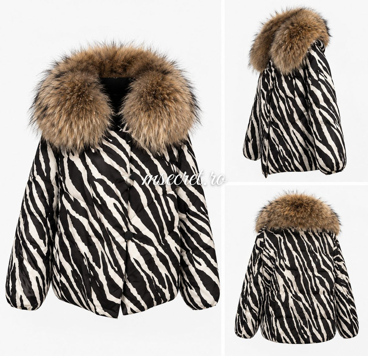 Geaca zebra umpluta cu puf, cu guler din blana naturala de vulpe - colaj