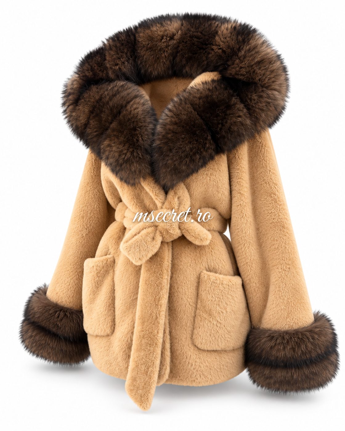 Haina camel din blana naturala si alcantara cu gluga si guler de vulpe - vedere din fata