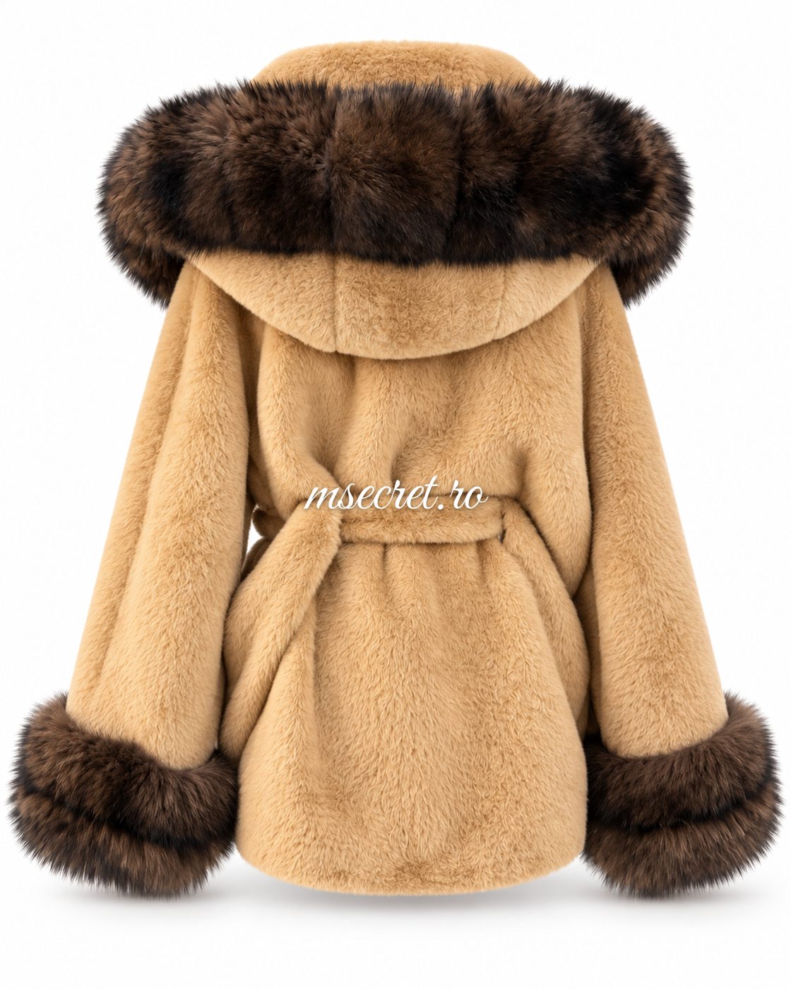 Haina camel din blana naturala si alcantara cu gluga si guler de vulpe - vedere din spate