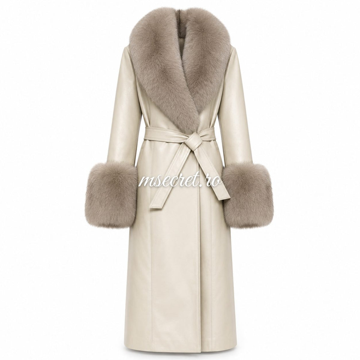 Haina lunga crem din piele cu blana naturala de vulpe