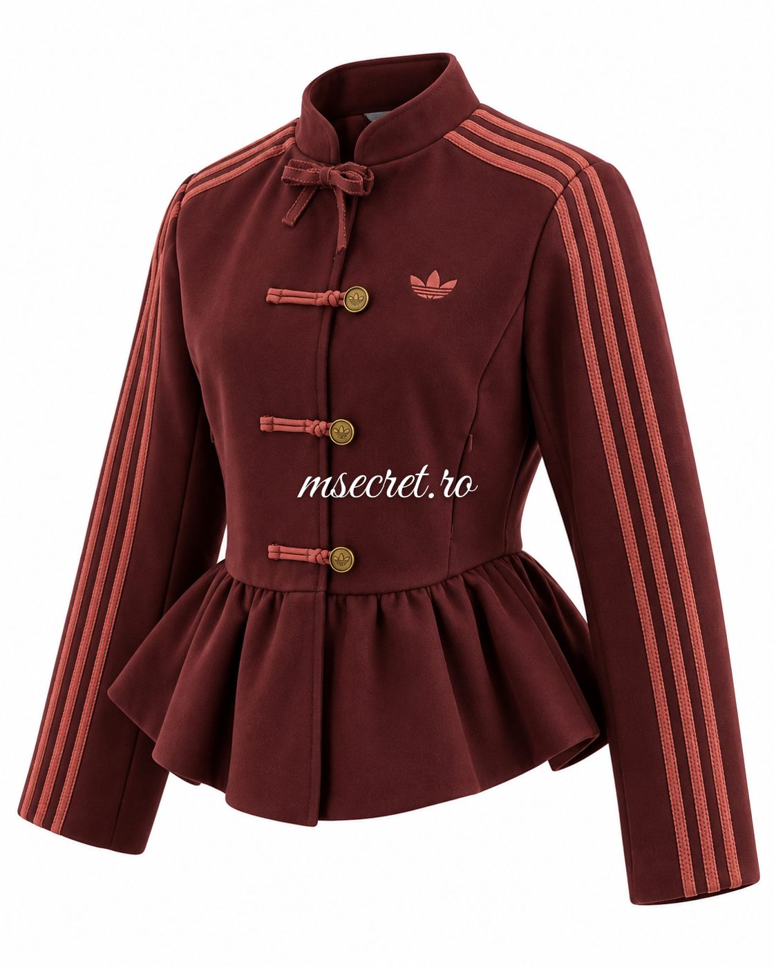 Jacheta bordo din stofa cu peplum si dungi pe maneci - vedere din lateral