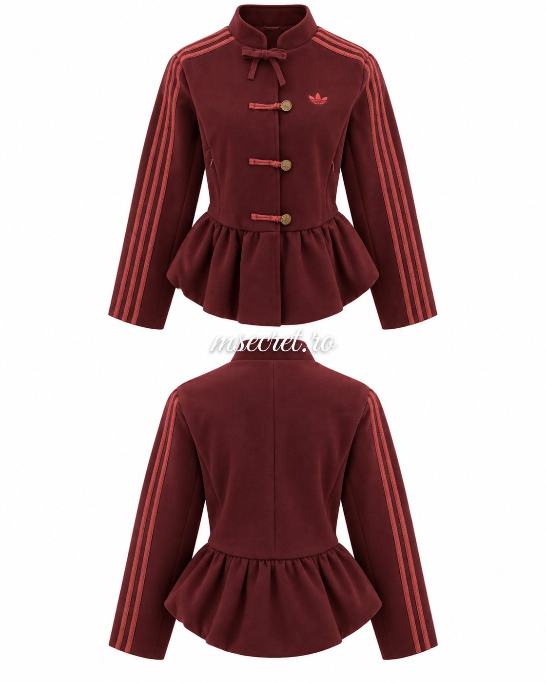 Jacheta bordo din stofa cu peplum si dungi pe maneci - fata si spate