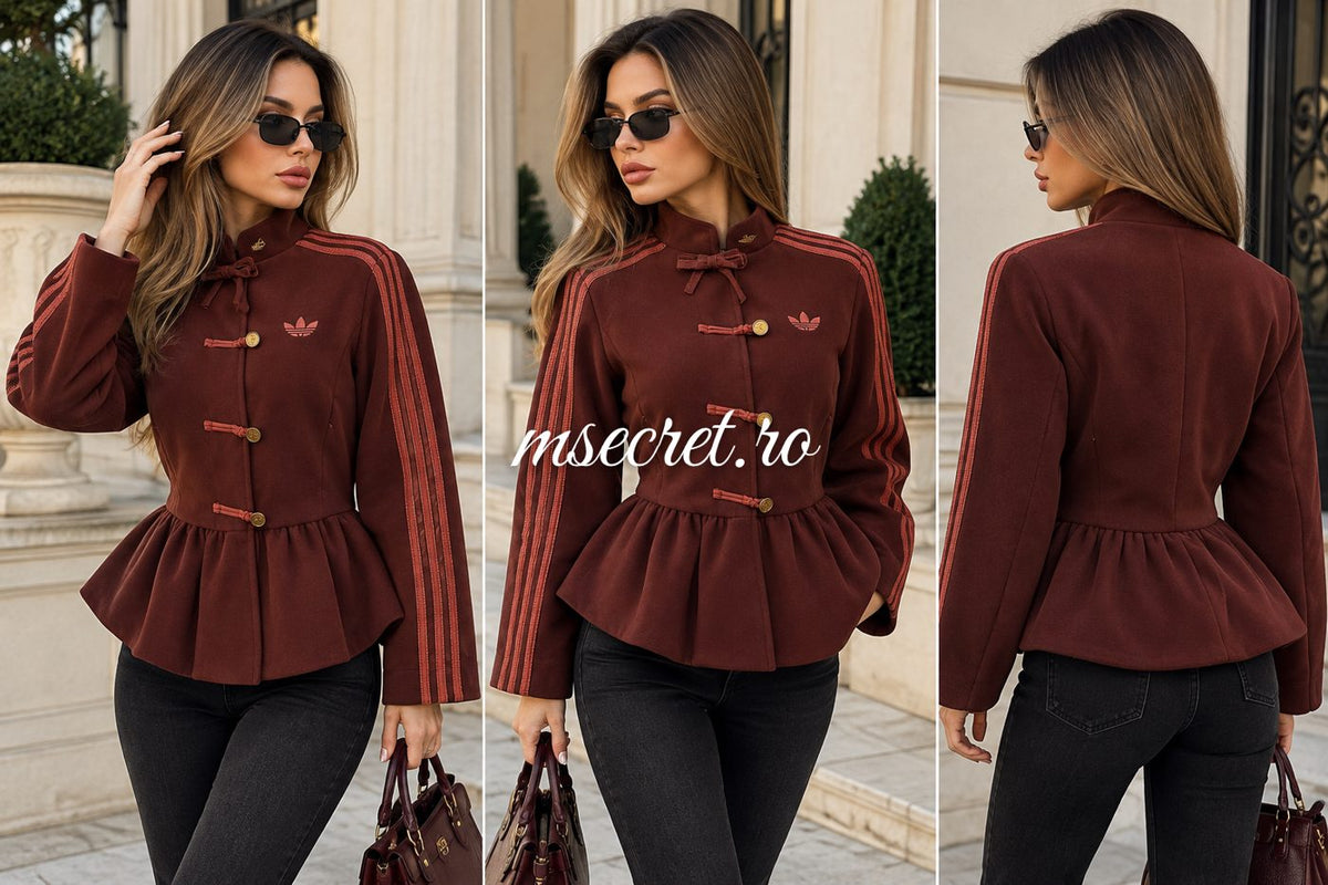 Jacheta bordo din stofa cu peplum si dungi pe maneci - colaj