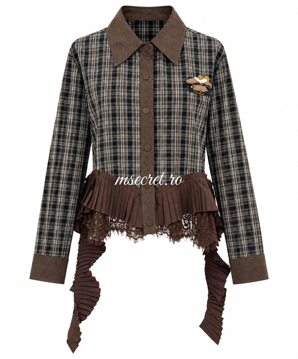 Jacheta scurta in carouri cu peplum si dantela maro - vedere din fata