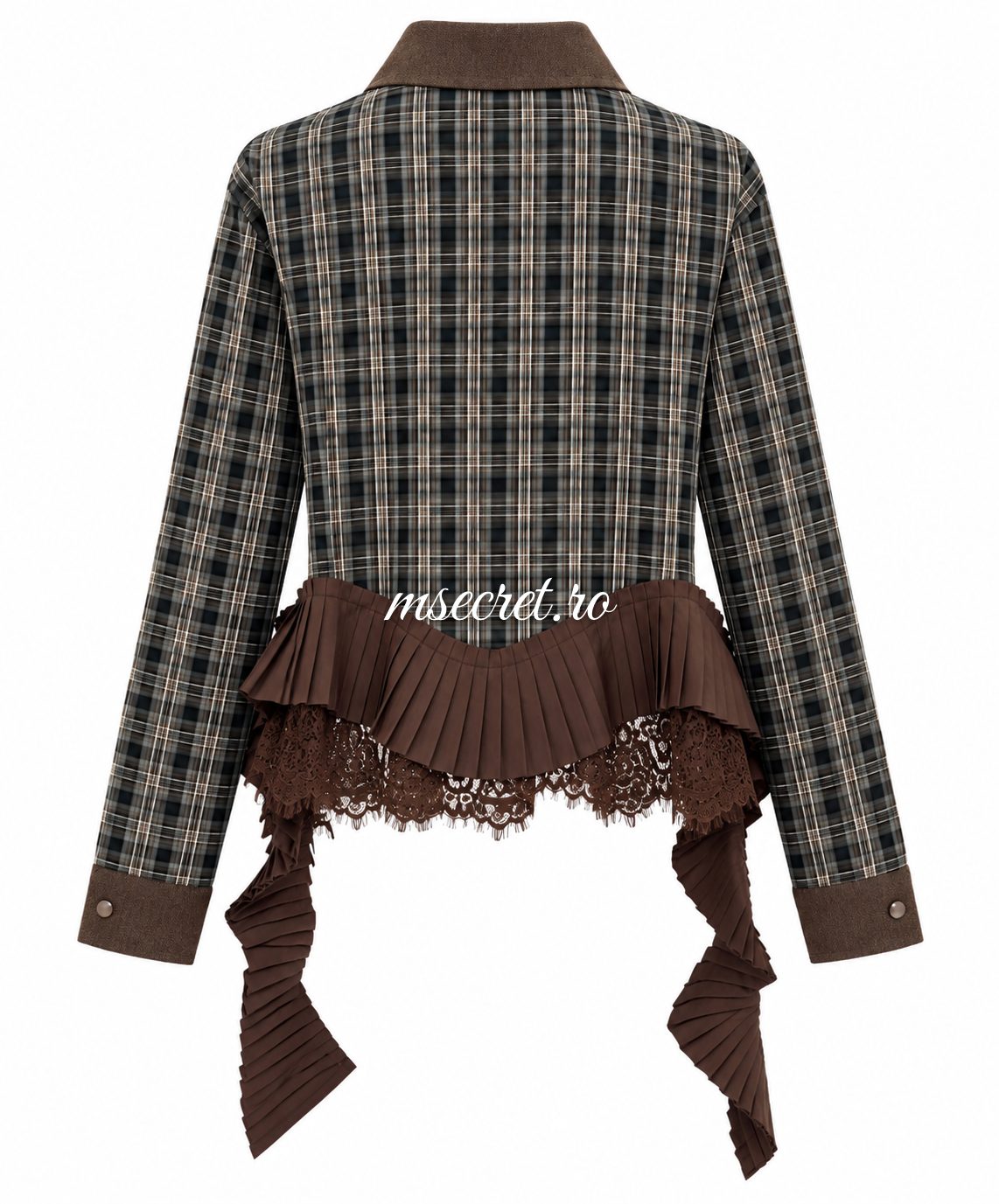 Jacheta scurta in carouri cu peplum si dantela maro - vedere din spate