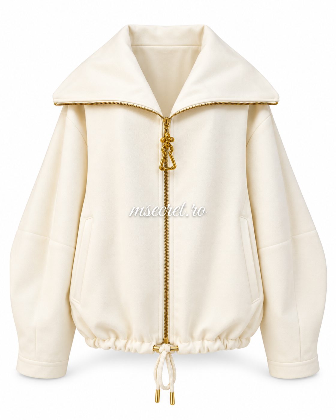 Jacheta crem oversized cu guler mare si fermoar auriu - vedere din fata