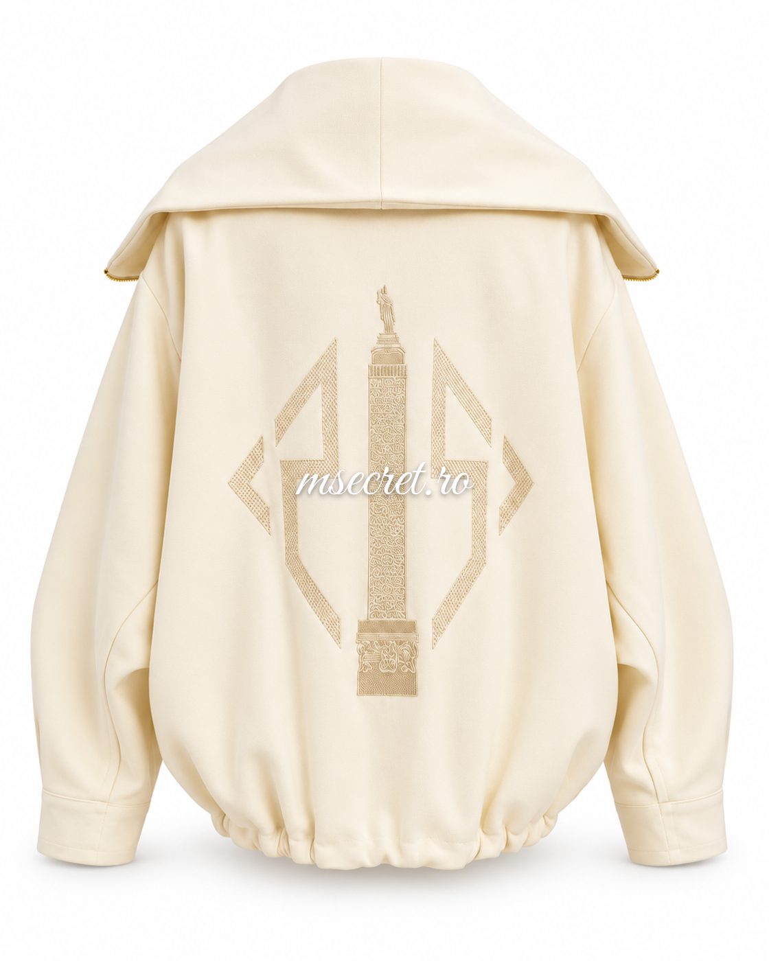 Jacheta crem oversized cu guler mare si fermoar auriu - vedere din spate