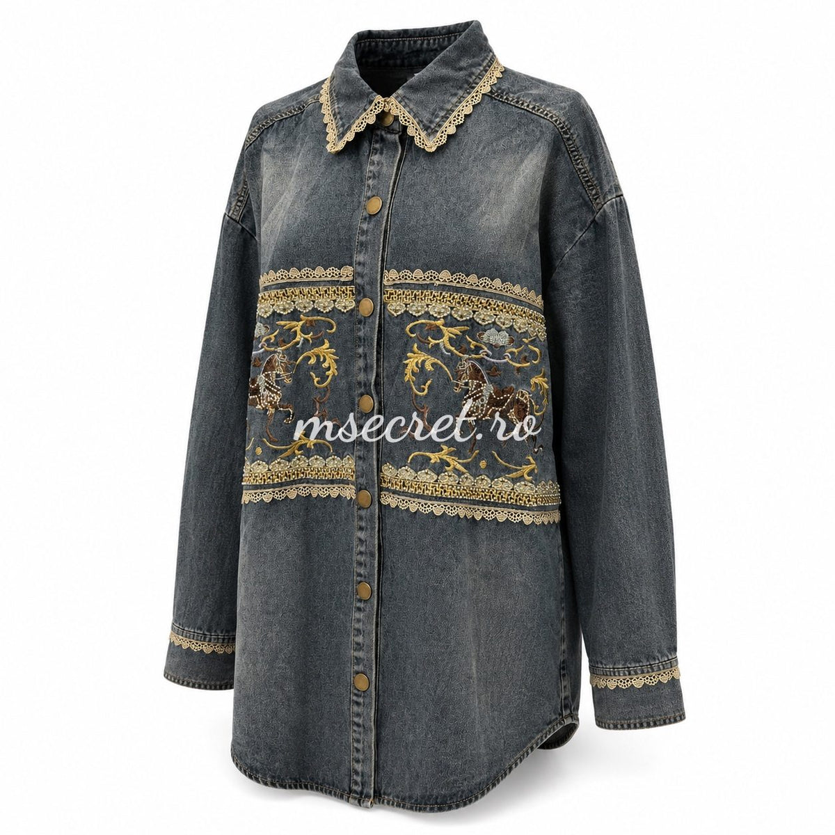 Jacheta din denim cu broderie aurie si nasturi